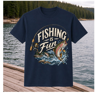 Fishing Is Fun Rainbow Trout and Mountain Graphic T-Shirt