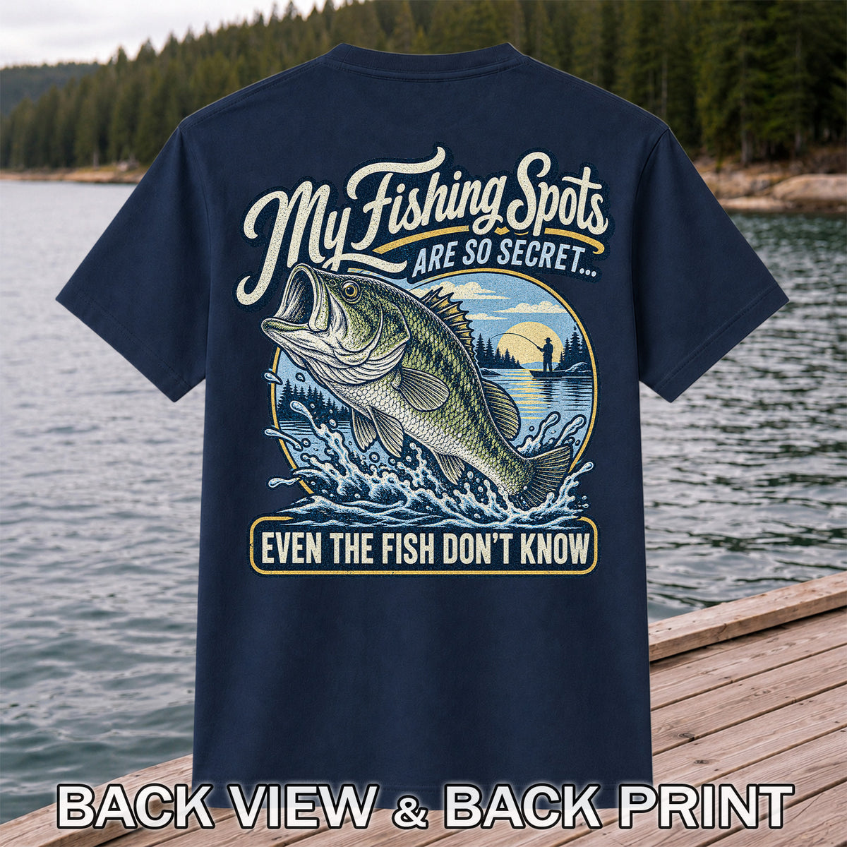 Secret Fishing Spots Largemouth Bass Graphic T-Shirt | Back Print