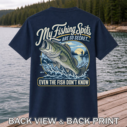 Secret Fishing Spots Largemouth Bass Graphic T-Shirt | Back Print