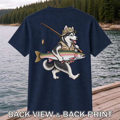 Husky Holding Rainbow Trout Fishing Graphic T-Shirt | Back Print