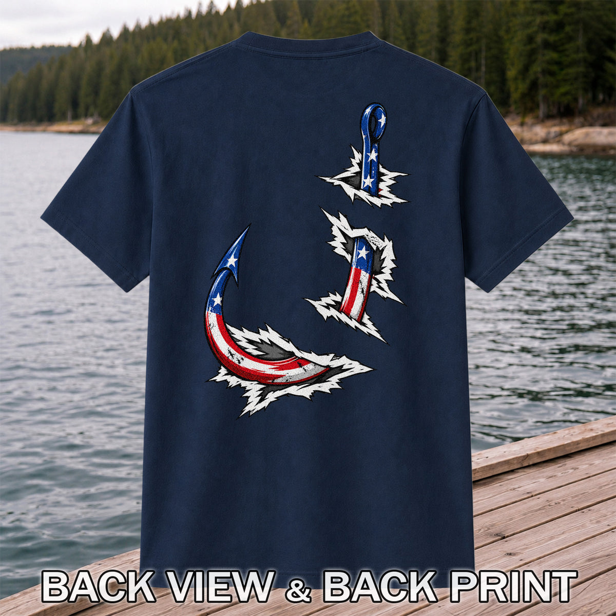 Patriotic American Flag Fishing Hooks Graphic T-Shirt | Back Print