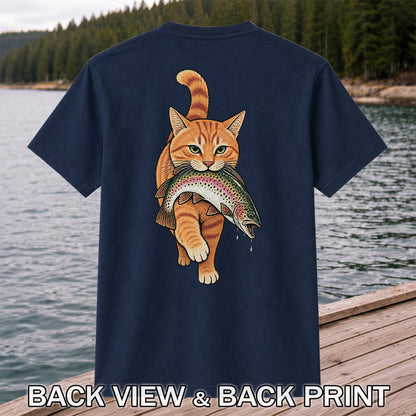 Cat Holding Trout Funny Fishing Graphic T-Shirt | Back Print
