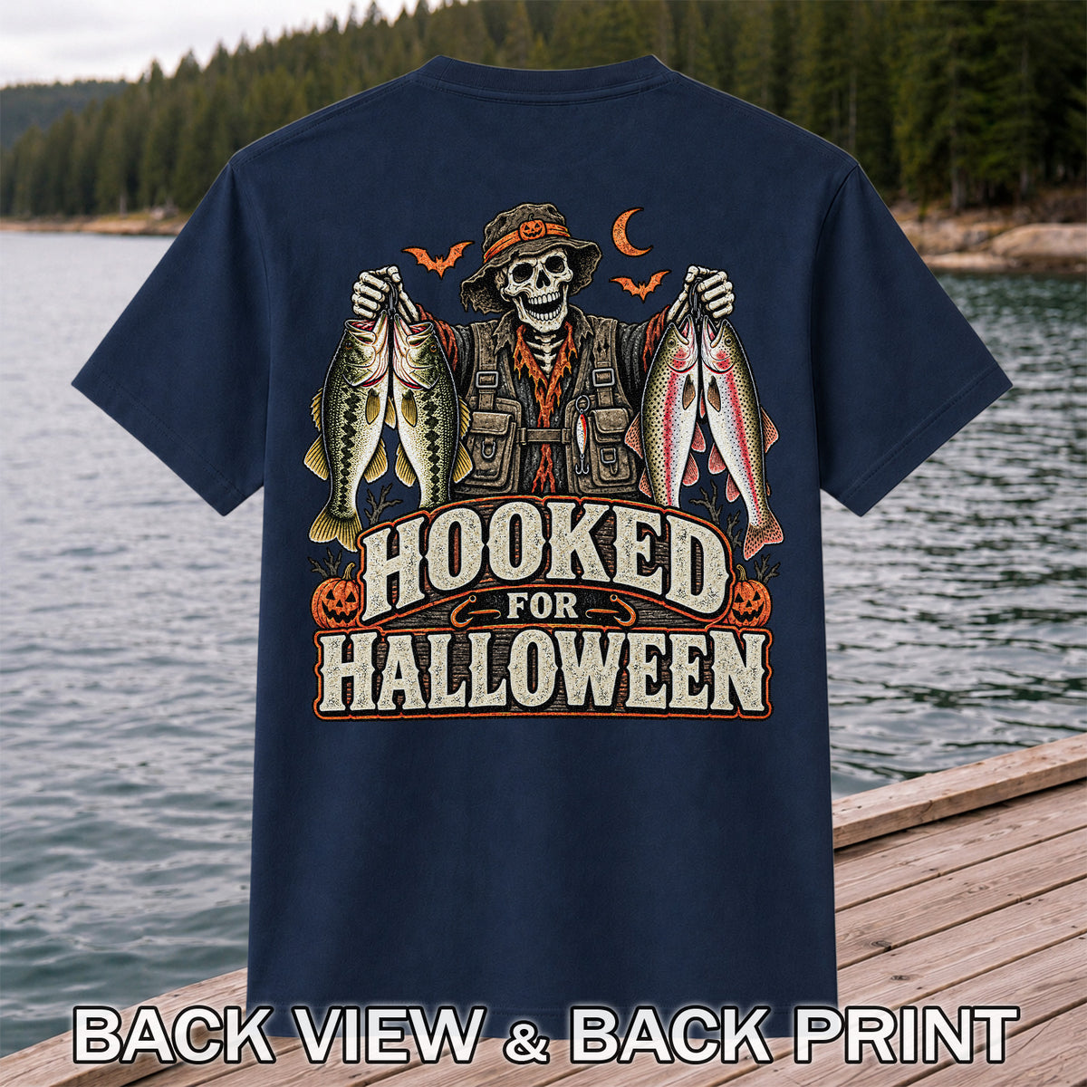 Hooked for Halloween Skeleton Angler with Bass and Trout Fishing T-Shirt | Back Print