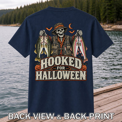 Hooked for Halloween Skeleton Angler with Bass and Trout Fishing T-Shirt | Back Print