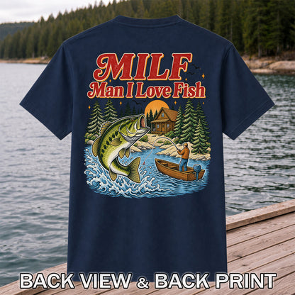 MILF Man I Love Fish Jumping Bass and Cabin Fishing T-Shirt | Back Print