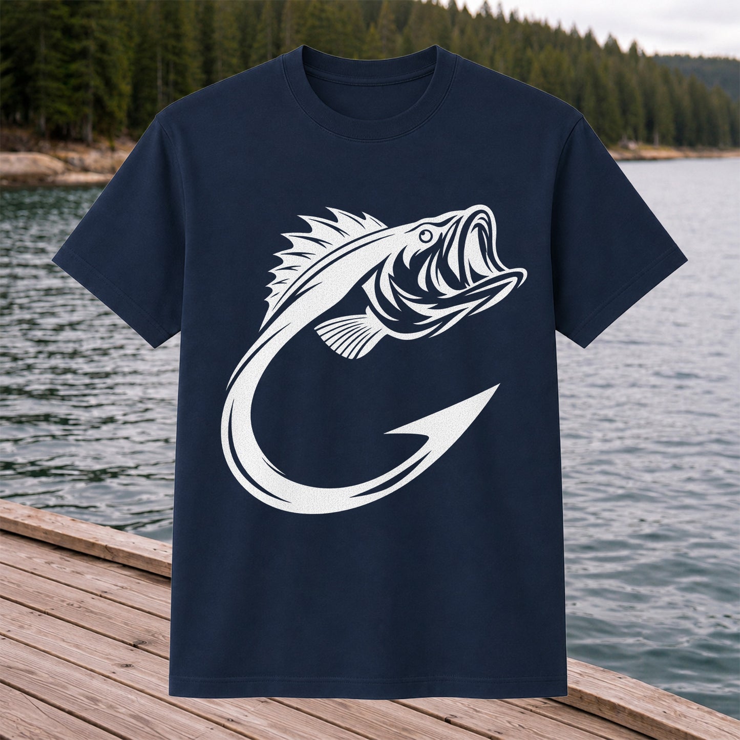 Bass Fish Hook Silhouette Fishing Graphic T-Shirt