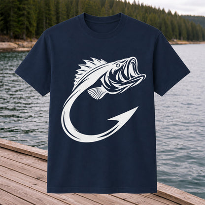 Bass Fish Hook Silhouette Fishing Graphic T-Shirt