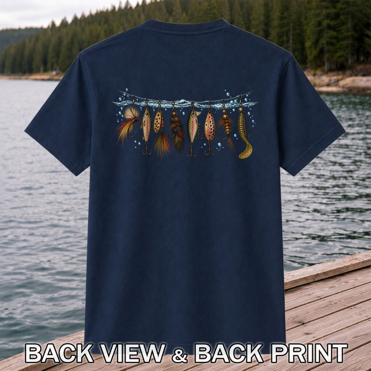 Fishing Lures and Flies on a Waterline Graphic T-Shirt | Back Print