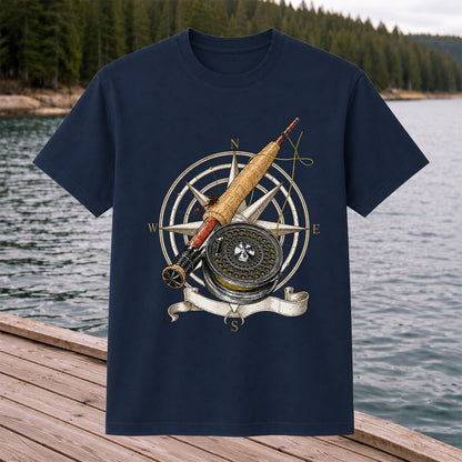 Vintage Fly Fishing Rod Reel and Compass Graphic T-Shirt