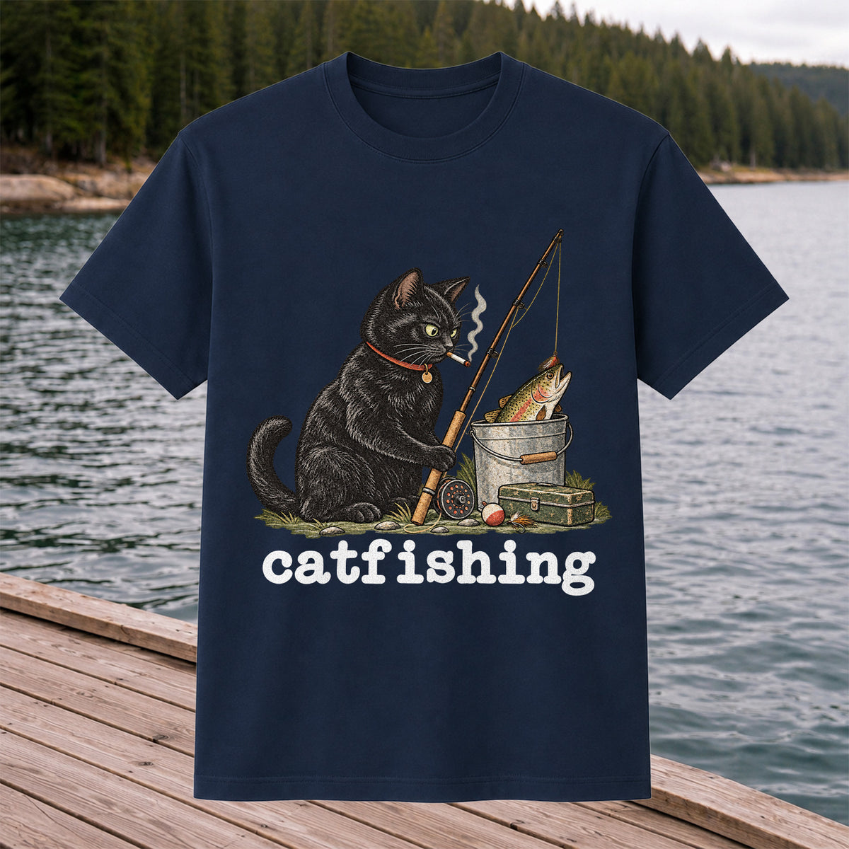 Catfishing Smoking Black Cat with Fishing Rod Funny T-Shirt
