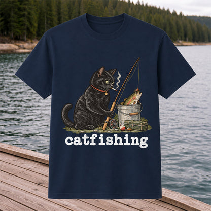Catfishing Smoking Black Cat with Fishing Rod Funny T-Shirt