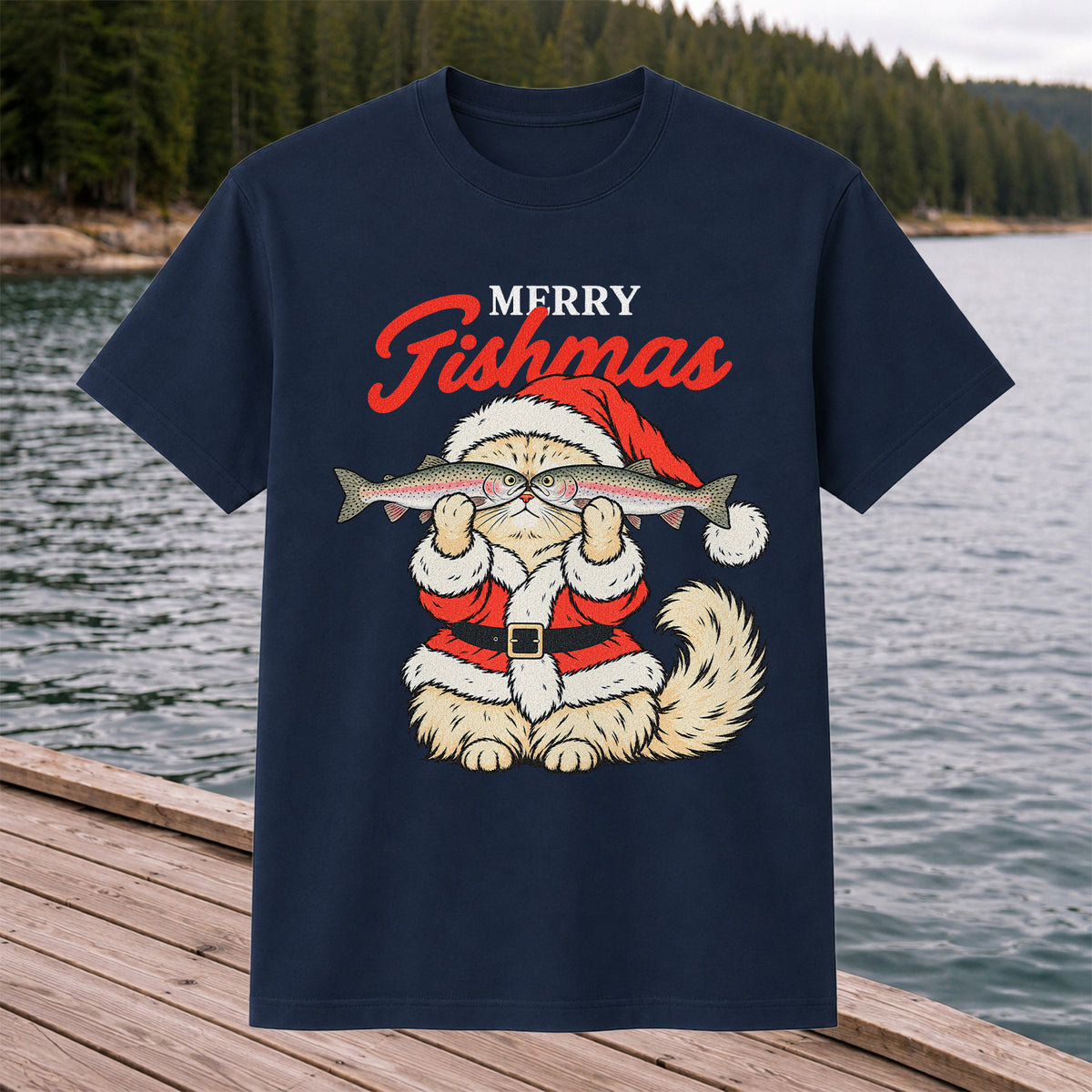 Santa Cat Holding Trout Merry Christmas Fishing T-Shirt