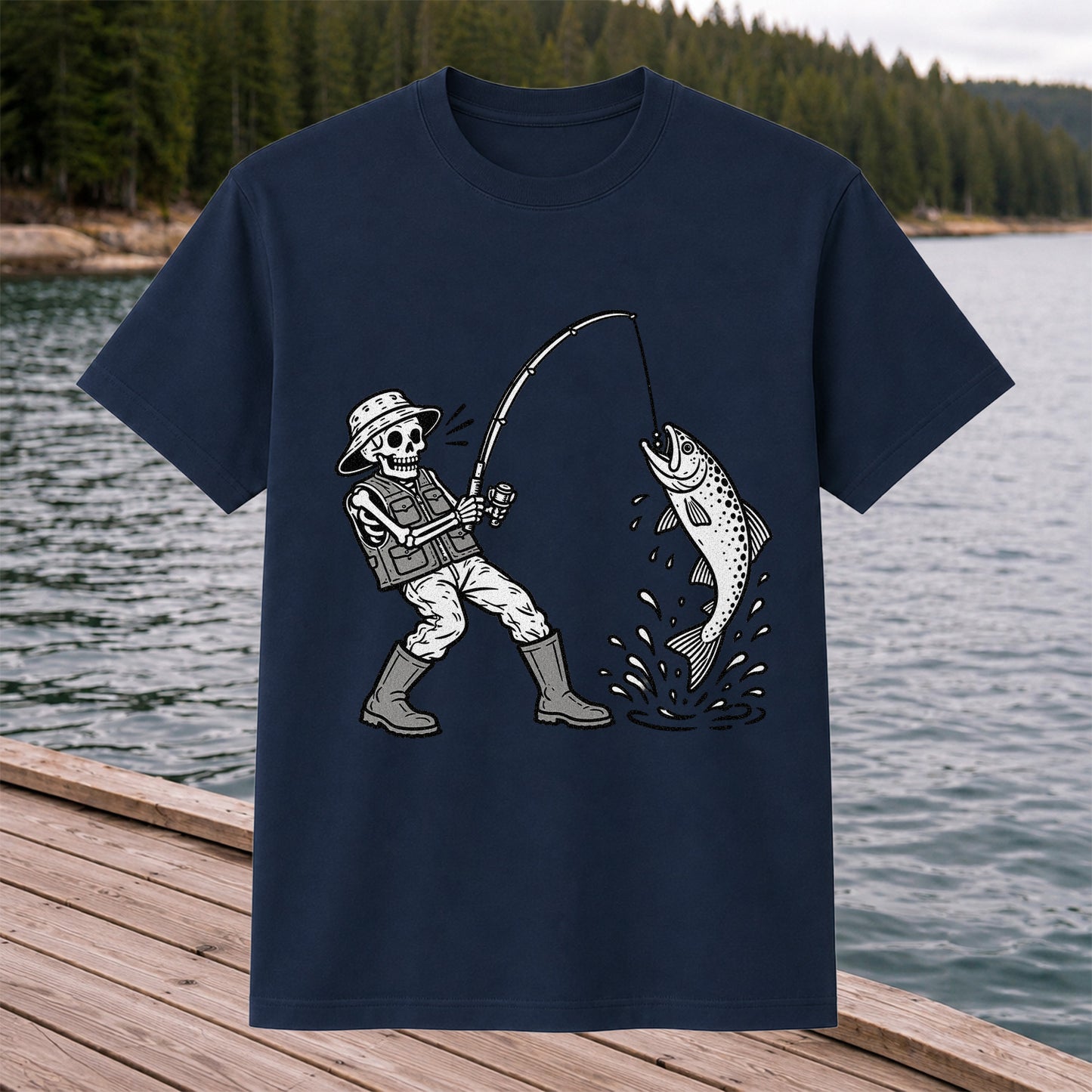 Skeleton Angler Catching a Trout Fishing Graphic T-Shirt