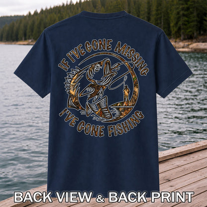 If I've Gone Missing I've Gone Fishing Jumping Bass Funny T-Shirt | Back Print
