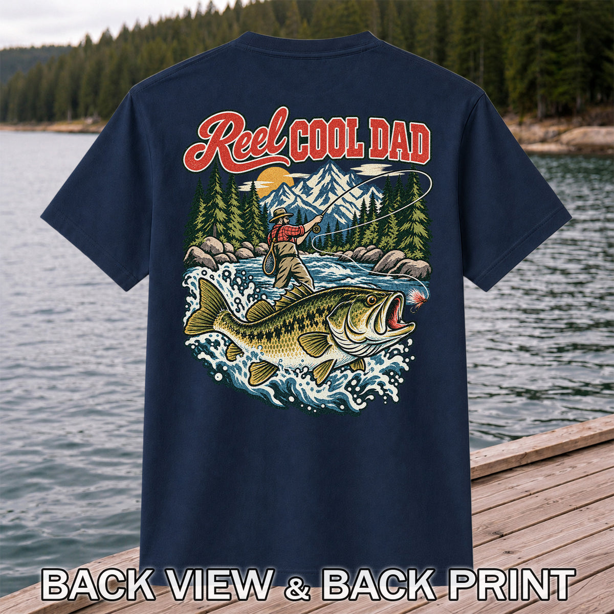Reel Cool Dad Largemouth Bass Fishing Graphic T-Shirt | Back Print
