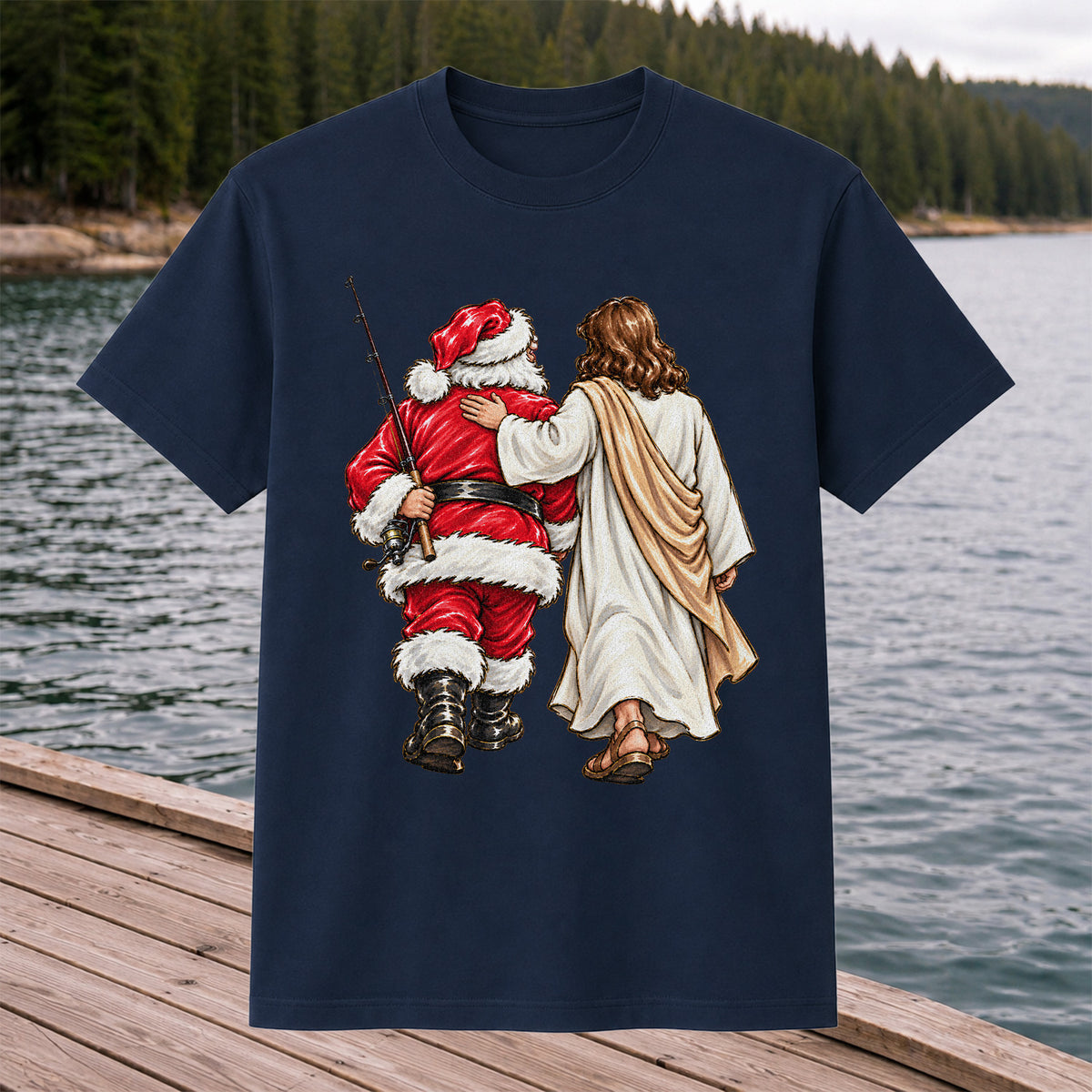 Santa and Robed Companion Fishing Graphic T-Shirt