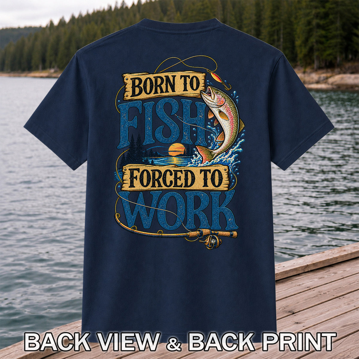 Rainbow Trout Lake Sunset Fishing Graphic T-Shirt | Back Print