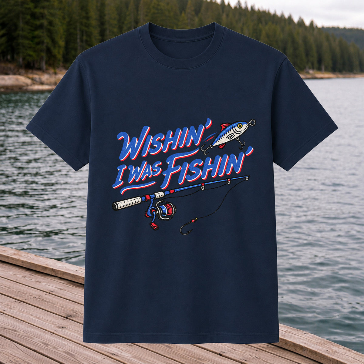 Wishin' I Was Fishin' Fishing Rod and Lure Graphic T-Shirt