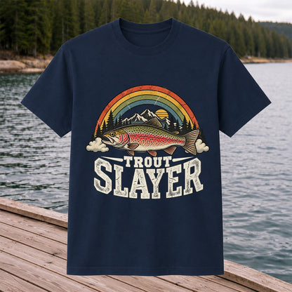 Trout Slayer Rainbow Trout Mountain Sunset Fishing T-Shirt