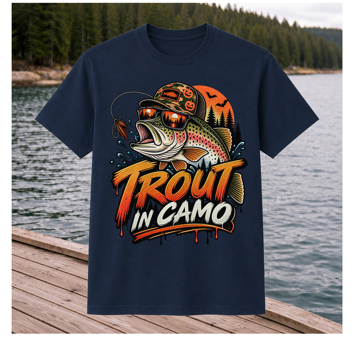 Trout in Camo Halloween Rainbow Trout Fishing Graphic T-Shirt