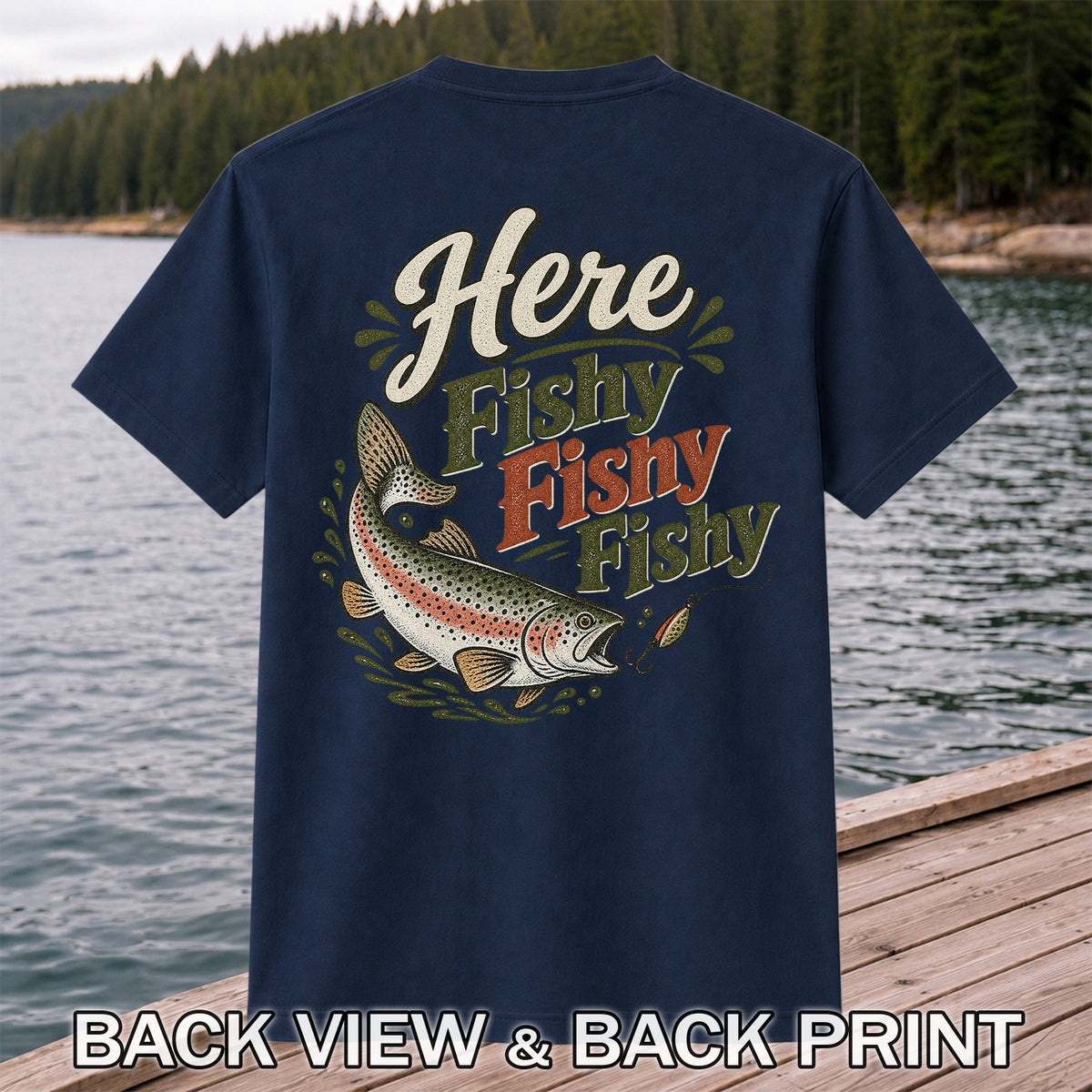 Here Fishy Fishy Rainbow Trout Fishing T-Shirt | Back Print