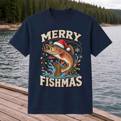 Merry Fishmas Santa Hat Rainbow Trout Fishing T-Shirt