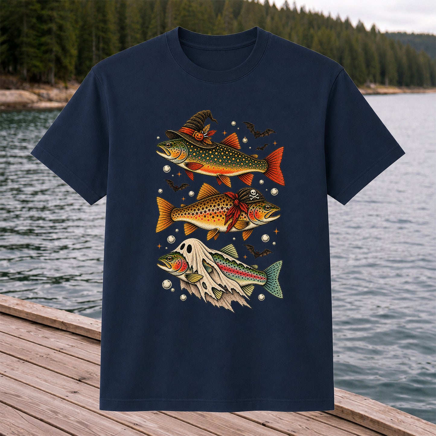 Halloween Trout Trio Witch Pirate and Ghost Fishing T-Shirt