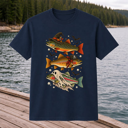 Halloween Trout Trio Witch Pirate and Ghost Fishing T-Shirt