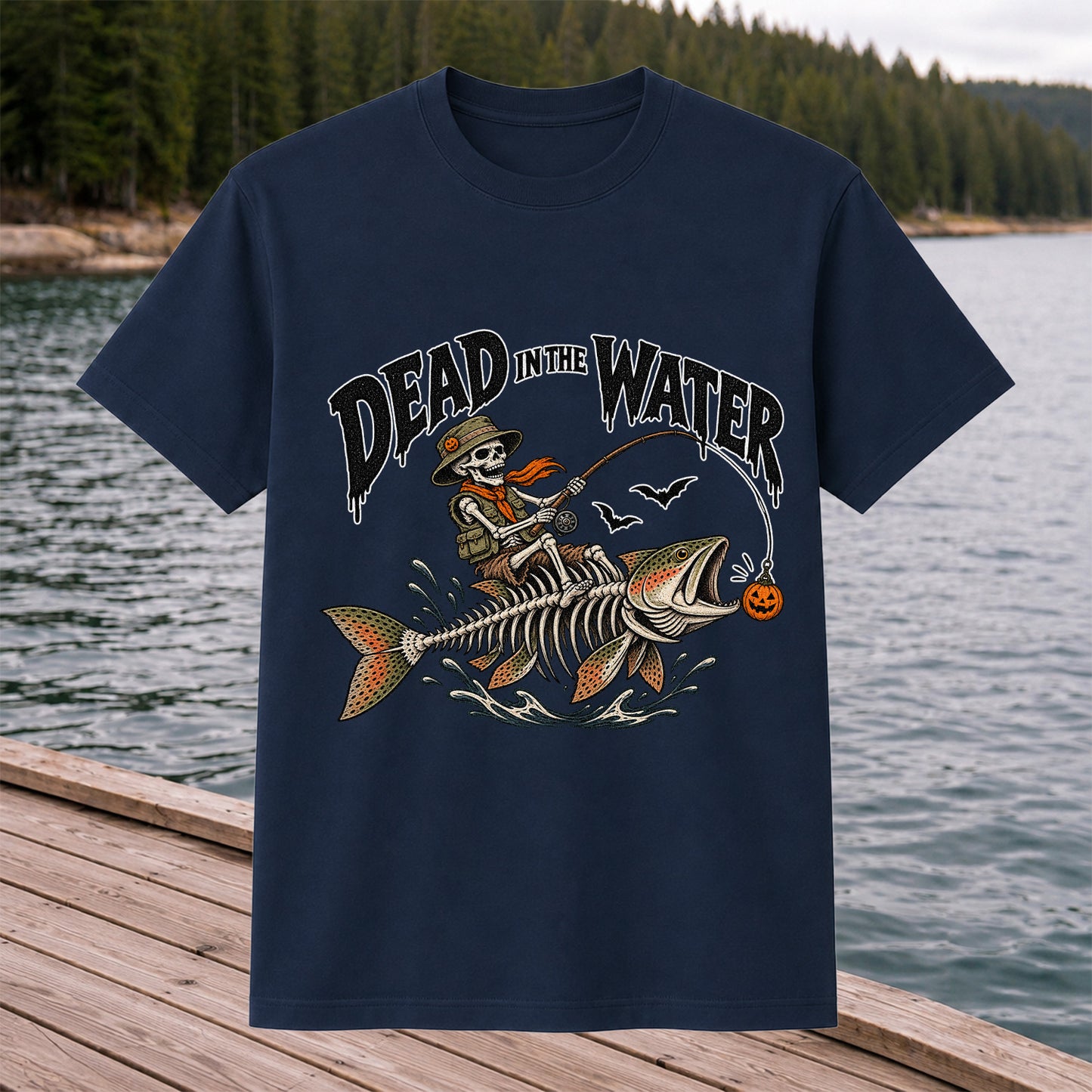 Dead in the Water Skeleton Riding a Trout Halloween Fishing T-Shirt