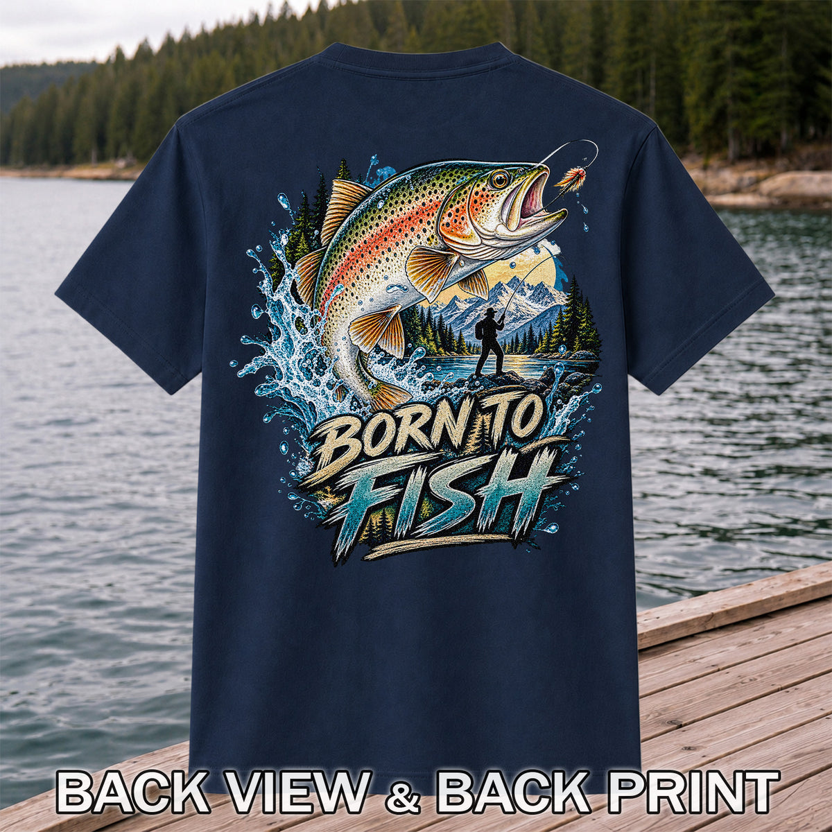 Born to Fish Rainbow Trout Fly Fishing Graphic T-Shirt | Back Print