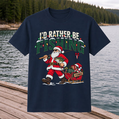 Santa Fishing with Bass Christmas Graphic T-Shirt