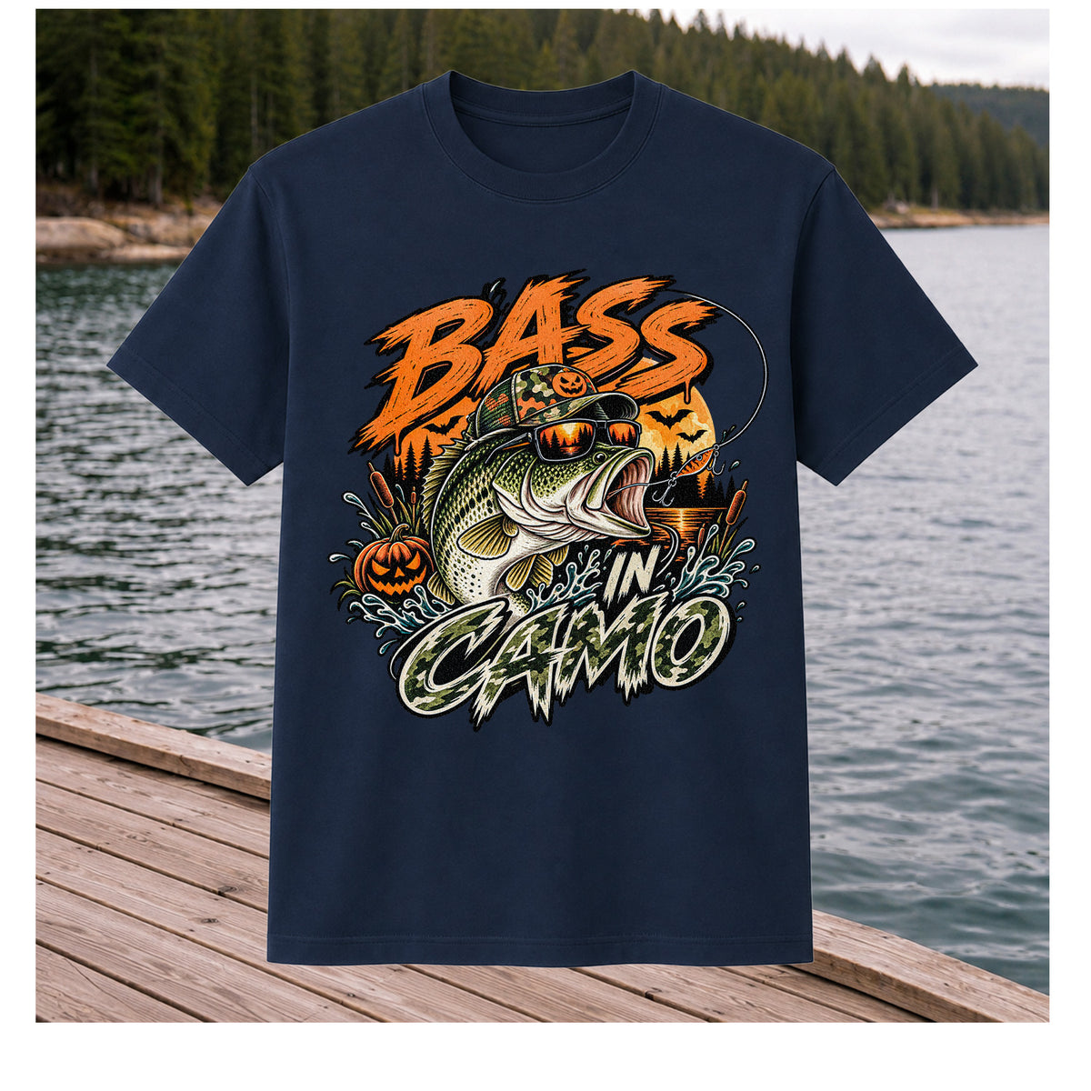 Bass in Camo Halloween Pumpkin Bass Fishing Graphic T-Shirt