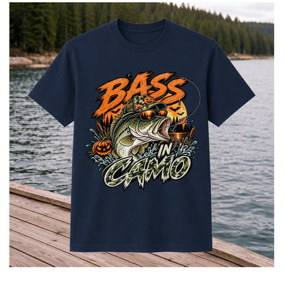 Bass in Camo Halloween Pumpkin Bass Fishing Graphic T-Shirt