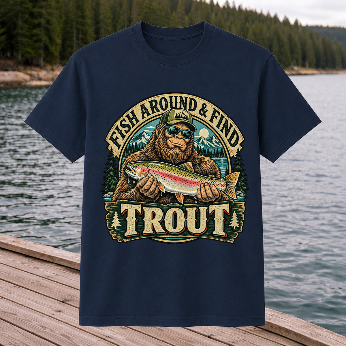 Fish Around & Find Trout Bigfoot Rainbow Trout Fishing T-Shirt
