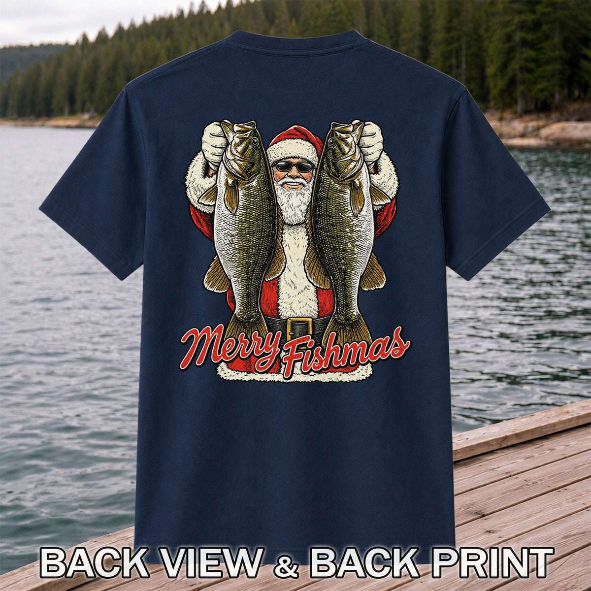 Santa Holding Bass Christmas Fishing Graphic T-Shirt | Back Print