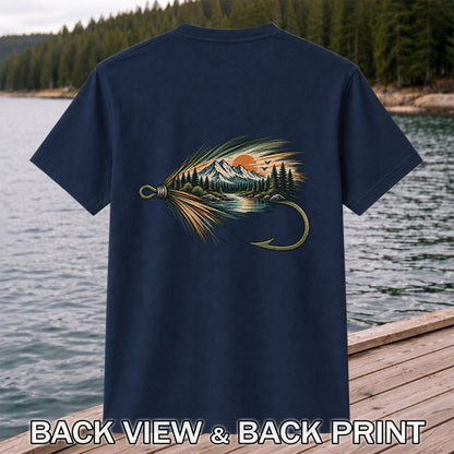 Mountain Lake Fly Fishing Hook Graphic T-Shirt | Back Print