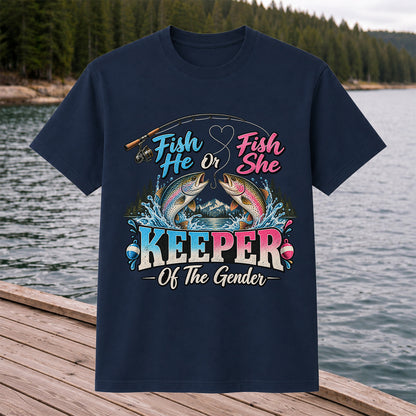 Fish He or Fish She Keeper of the Gender Rainbow Trout Fishing Gender Reveal T-Shirt