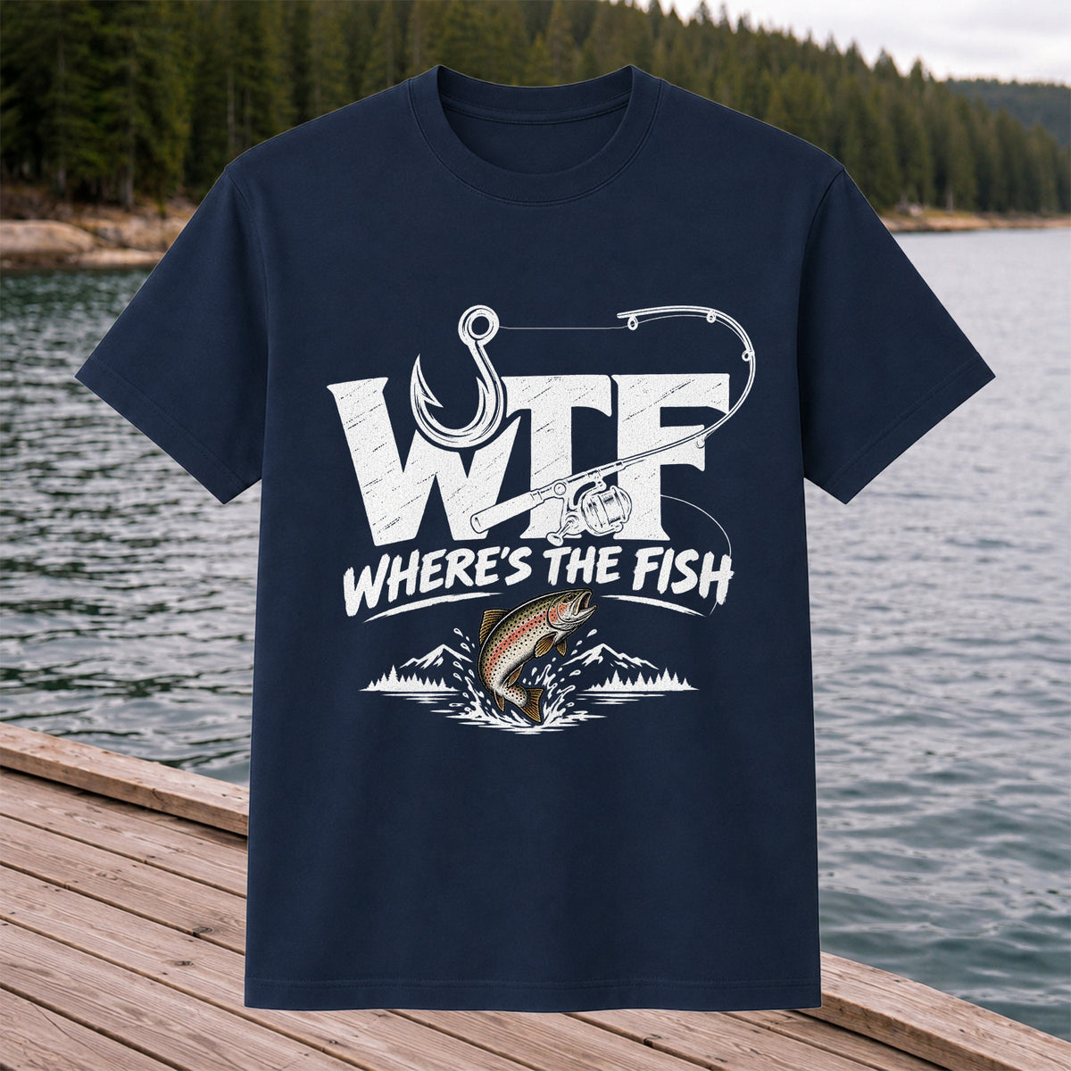 WTF Where's the Fish Rainbow Trout Fishing Graphic T-Shirt