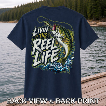 Livin' the Reel Life Jumping Bass Fishing Graphic T-Shirt | Back Print