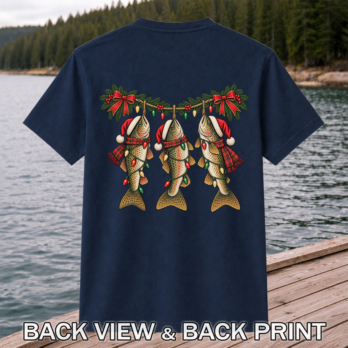 Festive Trout String Lights Christmas Fishing T-Shirt | Back Print