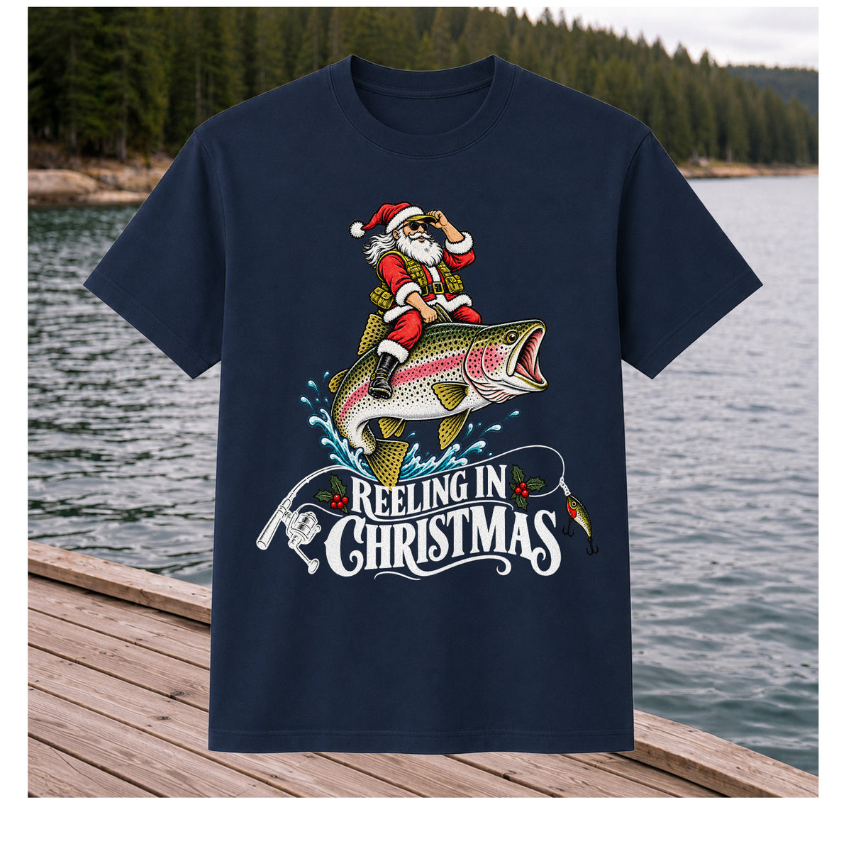 Reeling in Christmas Santa Rainbow Trout Fishing T-Shirt