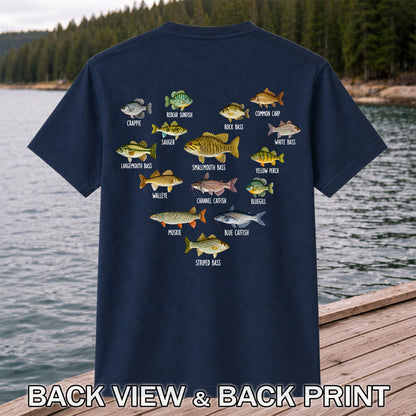 Freshwater Fish Species Chart Bass, Walleye, Catfish and Bluegill Fishing Graphic T-Shirt | Back Print