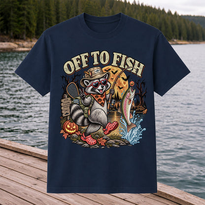 Off to Fish Raccoon and Trout Halloween T-Shirt - Good Fishing Spooky Times