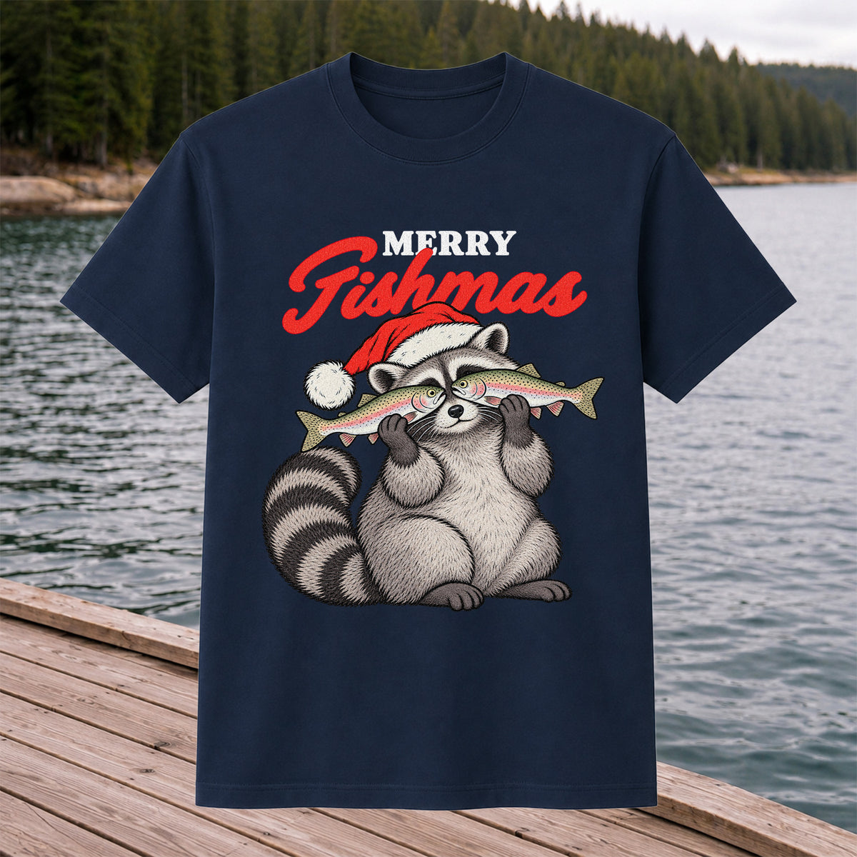 Santa Raccoon Holding Fish Christmas Fishing Graphic T-Shirt