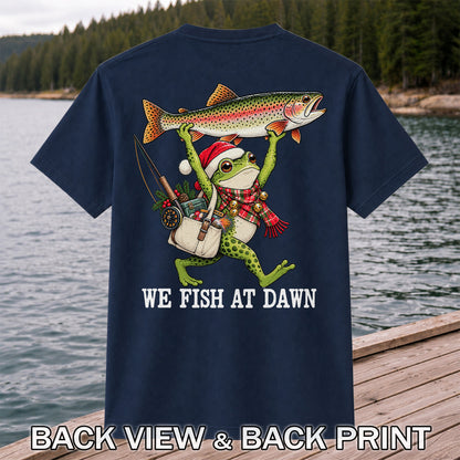 Frog Holding Rainbow Trout Fishing at Dawn Graphic T-Shirt | Back Print