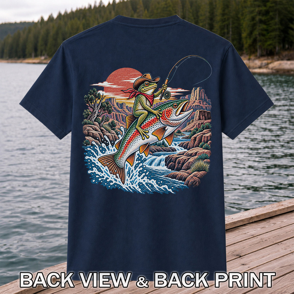 Cowboy Frog Riding a Rainbow Trout Canyon Fishing Graphic T-Shirt | Back Print