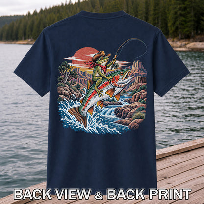 Cowboy Frog Riding a Rainbow Trout Canyon Fishing Graphic T-Shirt | Back Print