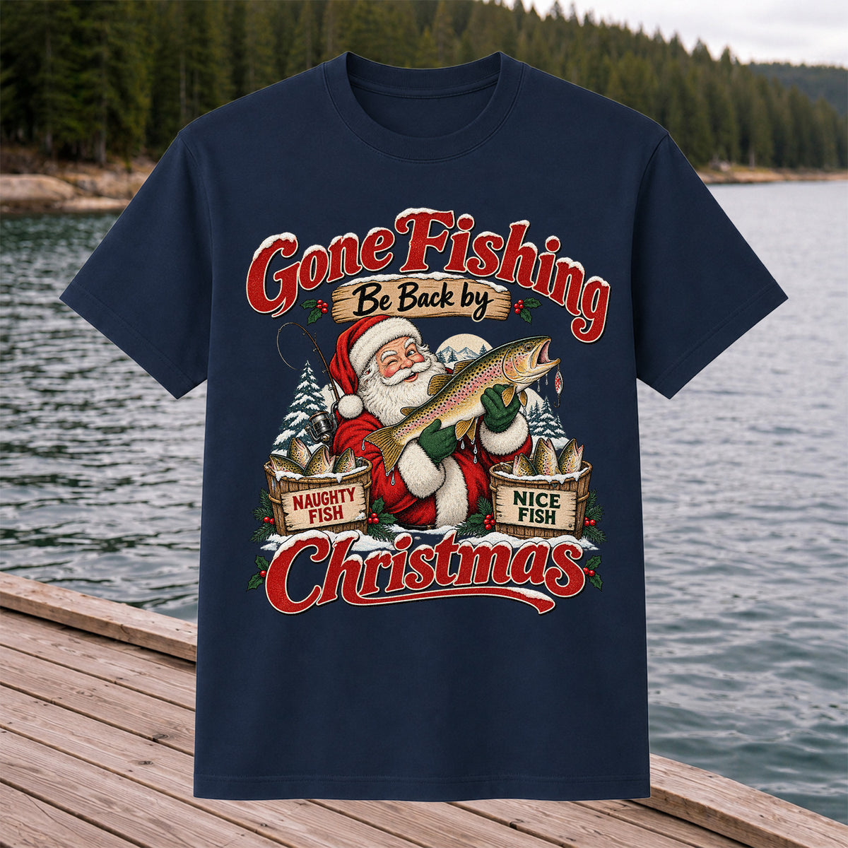 Gone Fishing Be Back by Christmas Santa Trout T-Shirt