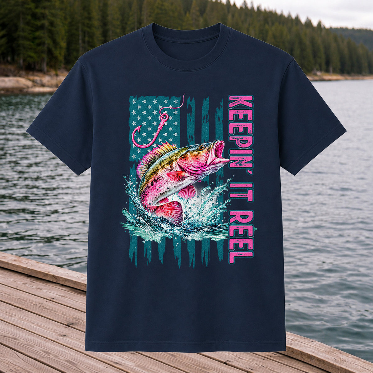 Keepin' It Reel Bass Fishing American Flag Graphic T-Shirt