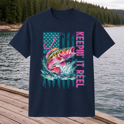 Keepin' It Reel Bass Fishing American Flag Graphic T-Shirt